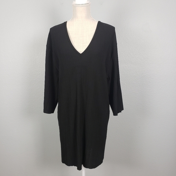 ZARA TRAFALUC Pleated Longline Tunic Oversized V-neck Top Black Sz M - Picture 3 of 10